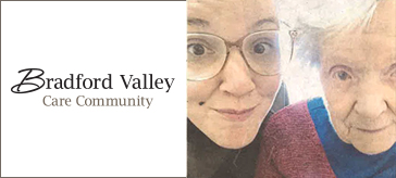 image of Dana Franzgrote and her grandmother Rosemary Cummins accompany by the logo of Bradford Valley Care Community