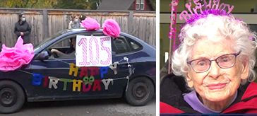 image of Rose Helliwell and one of the drive-by parade cars with birthday wishes signages