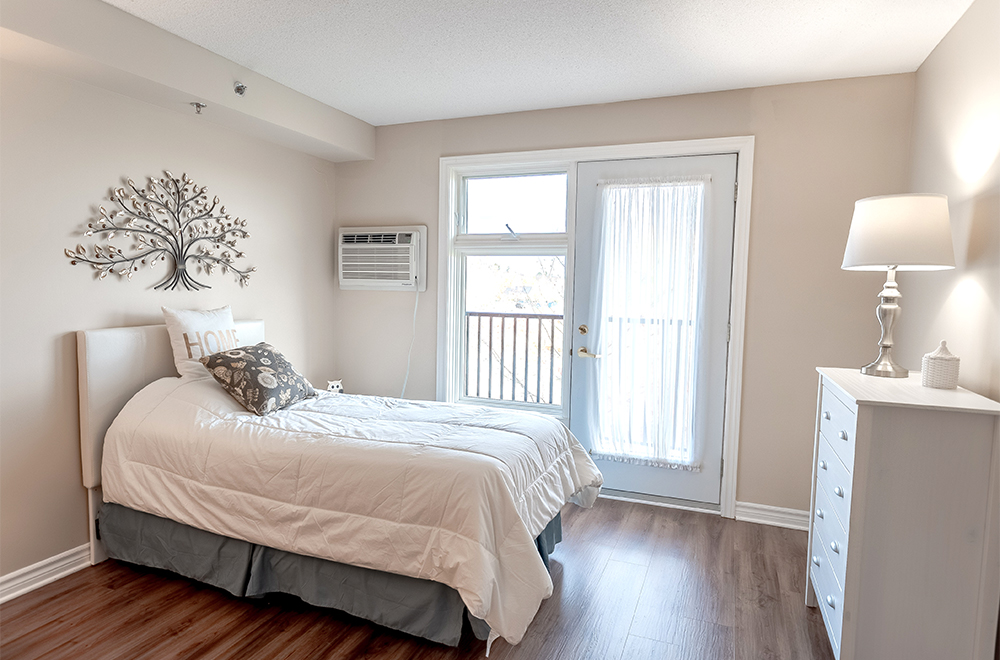 Close-up of the bedroom in one of the suites at Island View Retirement Residence in Arnprior