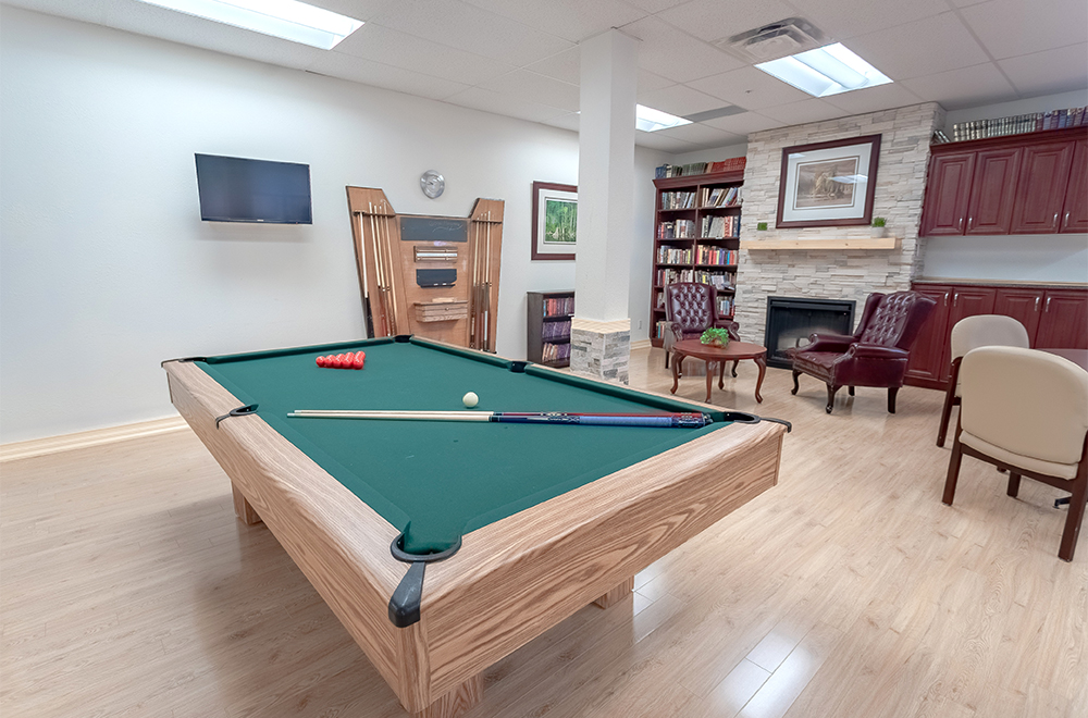 Close-up of the pool table in the entertainment room at Kawartha Lakes Retirement Residence in Bobcaygeon