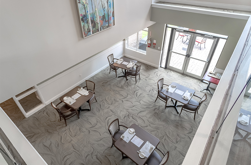 Look down from the second floor to the dining area at Island View Retirement Residence in Arnprior