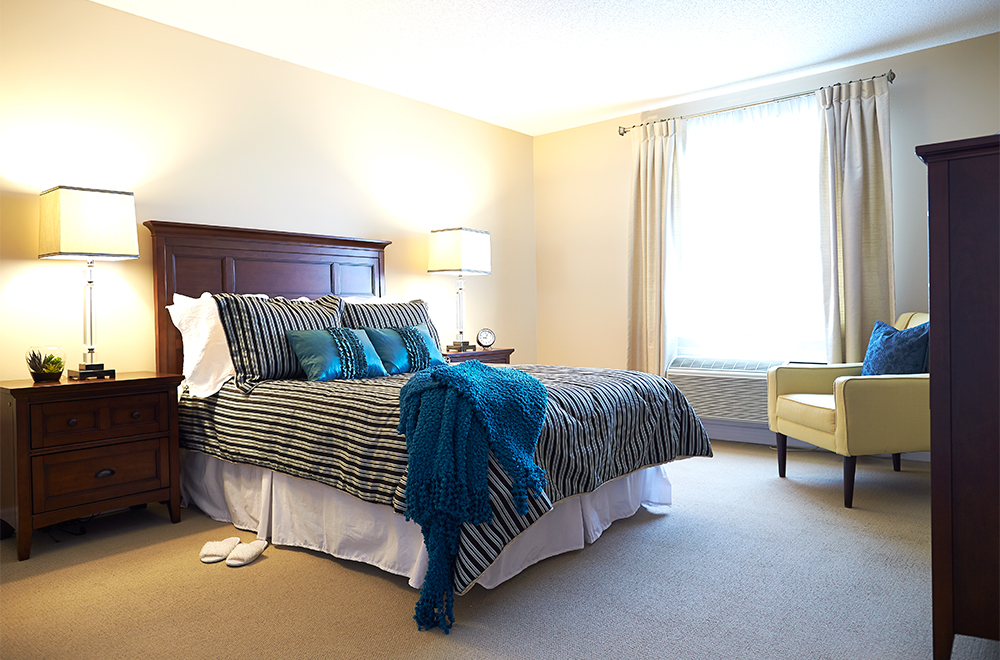 One of the bedrooms at Doon Village Retirement Residence in Kitchener