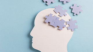 Head cutout with scattered puzzle pieces.