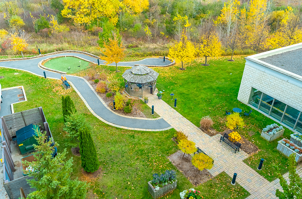 Bird's-eye view of the beautiful garden at Royale Place Retirement Residence in Kingston