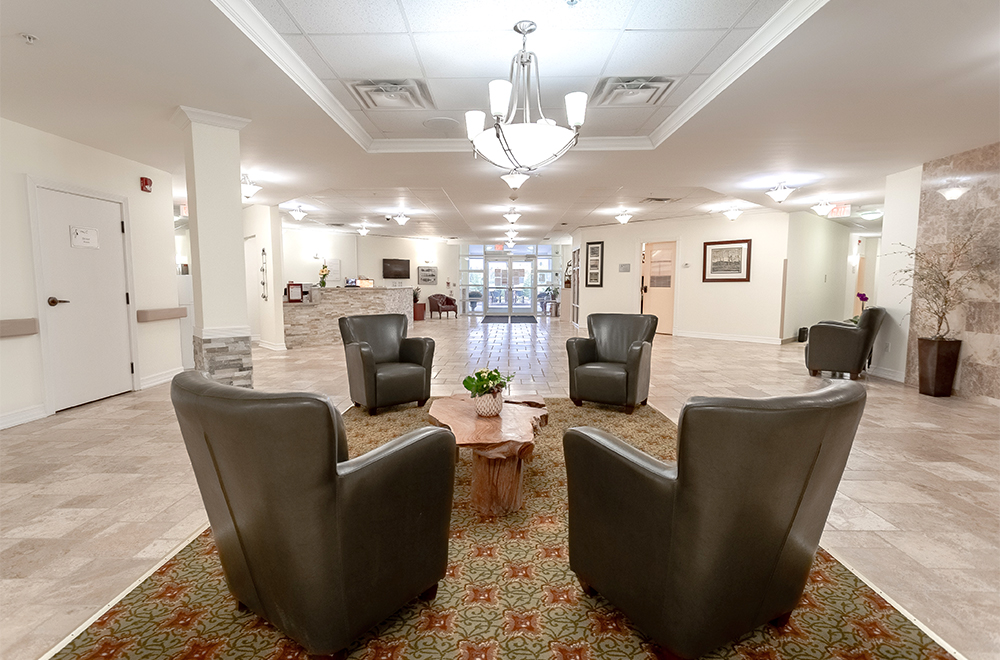 Seating area near the front-entrance of the building at Kawartha Lakes Retirement Residence in Bobcaygeon