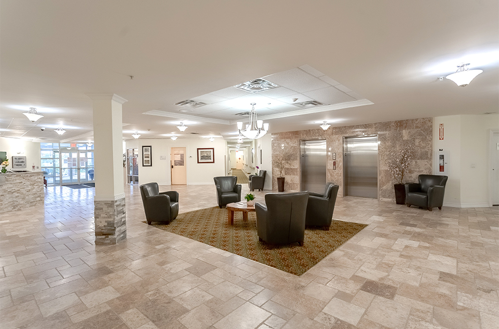 Front-entrance seating area at Kawartha Lakes Retirement Residence in Bobcaygeon