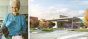 picture of Ninety-six-year-old Margaret Brown holds some of the baby hats and scarfs and picture of the front entrance of Milton District Hospital.