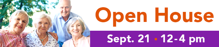 A banner featuring a group of happy seniors welcome you to their upcoming Open House event in their residence.