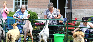 picture of Florence (left), John (right) and nurse, Lisa (middle) enjoy the animals at the Petting Farm