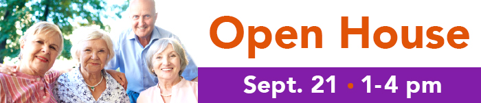 A banner featuring a group of happy seniors welcome you to their upcoming Open House event in their residence.
