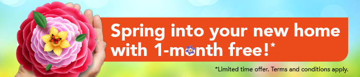 spring promotion web banner with a hand holding a pink flower with butterfly on top