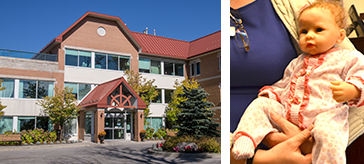 image of the front entrance of Bloomington Cove Care Community accompany with a real size baby doll on the right.